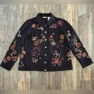 VTG Laura Ashley Black Embroidered Beaded Floral Button Front Jacket Blazer Lg